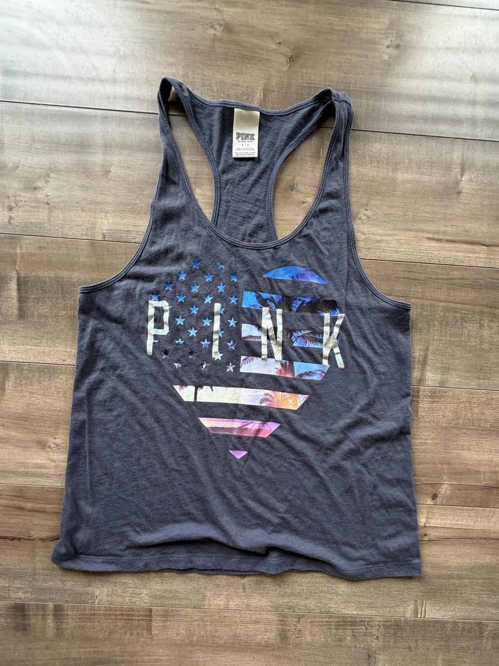 PINK Victoria's Secret Navy Graphic Racerback Tank with Multicolor Heart